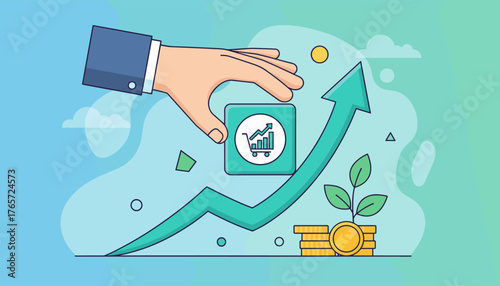 A stylized illustration depicts a hand placing a cube with a shopping cart and a growing bar graph icon onto a rising green arrow, symbolizing business growth, investment, and financial success, with