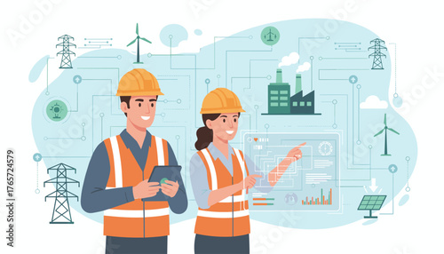 Male and female industrial engineers in hard hats and safety vests collaborate on a digital interface, surrounded by icons representing renewable energy sources like wind turbines, solar panels, and