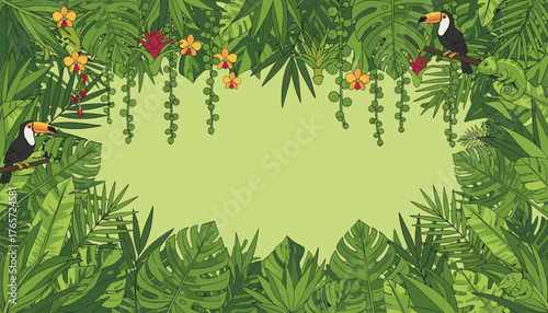 Lush green tropical leaves frame a vibrant jungle scene, featuring exotic orchids, hanging succulents, a colorful toucan perched on a branch, and a camouflaged chameleon, creating a perfect backdrop