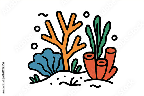 Vibrant underwater scene with colorful coral and marine plants on the ocean floor