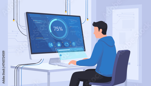 Modern man in blue hoodie working on computer with futuristic interface displaying 75% progress bar, cloud, lock, and shield icons, symbolizing software installation and digital security in a