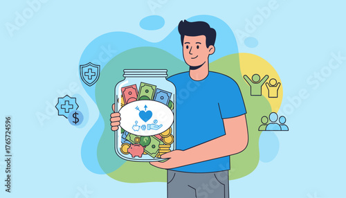 Man holding a large glass jar filled with money, including banknotes and coins, symbolizing donation and charity, with icons of a heart, piggy bank, and helping hand, representing financial support