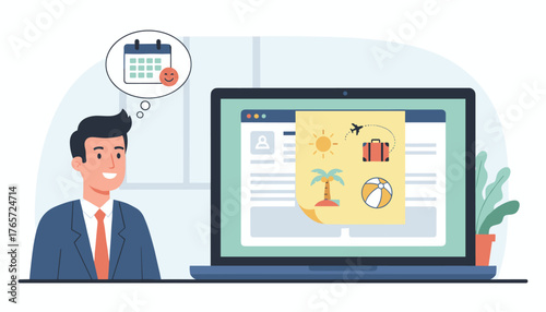 Smiling businessman in a suit contemplating a vacation with a calendar and smiley face in a thought bubble, while a laptop displays travel icons like a suitcase, airplane, palm tree, and beach ball