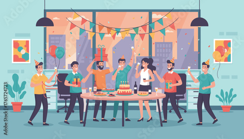 A vibrant and joyful office party scene unfolds with colleagues celebrating a special occasion, adorned with festive party hats, exchanging gifts, and toasting with champagne amidst colorful confetti
