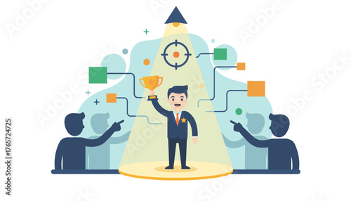 A triumphant businessman stands in a spotlight holding a golden trophy, symbolizing success, achievement, and recognition, with a target and upward arrow indicating goals and progress, while