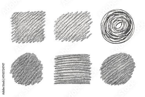 Abstract graphite pencil shading elements collection with different hatching styles and shapes