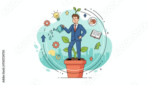 Conceptual illustration of personal development and self-improvement, showing a businessman watering a plant growing from a pot, symbolizing career growth, learning, and success with icons of