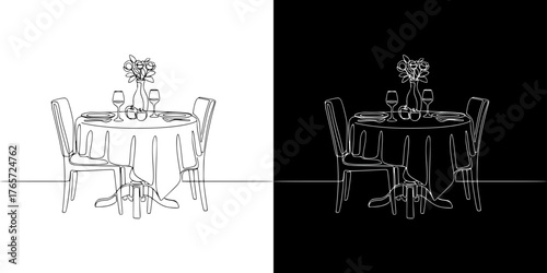 Isolated vector image of a romantic dinner table with flowers in line art style, two design options on transparent and black backgrounds, Valentine's Day  