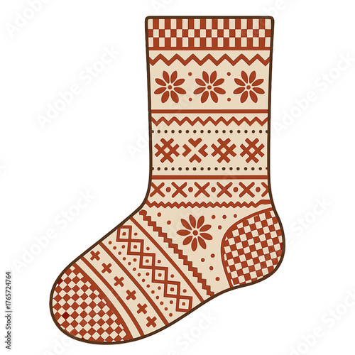Traditional Nordic knit Christmas stocking with geometric and floral patterns in warm colors