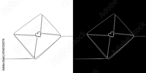 Isolated vector image in line art style of envelope with a heart, love letter, declaration of love, two design options on transparent and black backgrounds, Valentine's Day