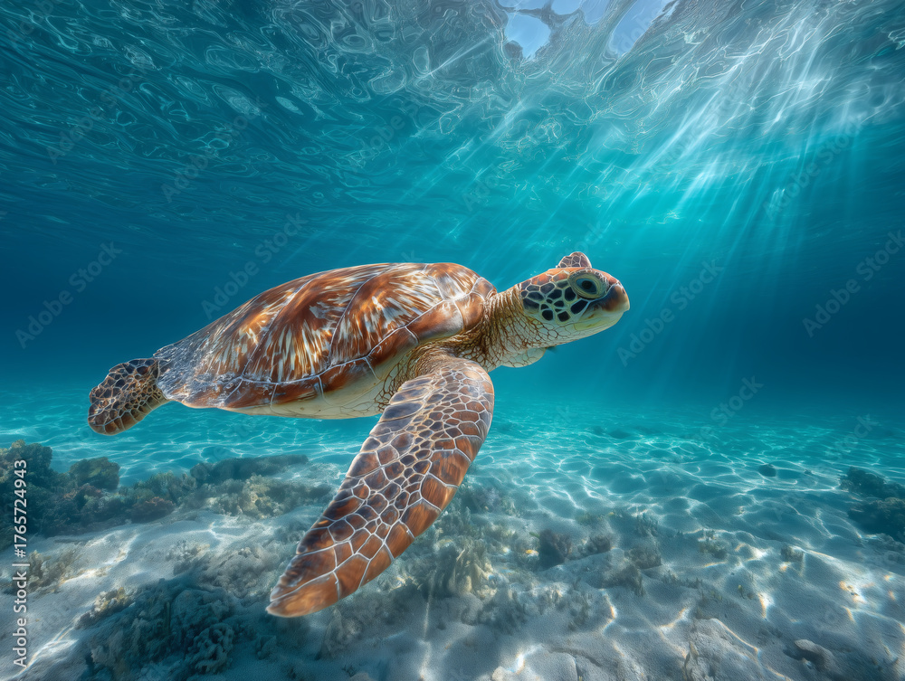 Obraz premium 太陽の光が差し込む美しい青い海中を海底の上を優雅に泳ぐウミガメの横向き写真