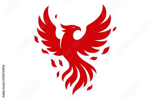 Stylized red phoenix bird rising majestically from flames with wings spread wide