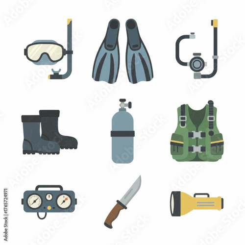 Scuba Diving and Snorkeling Equipment Set Flat Design Vector Illustration