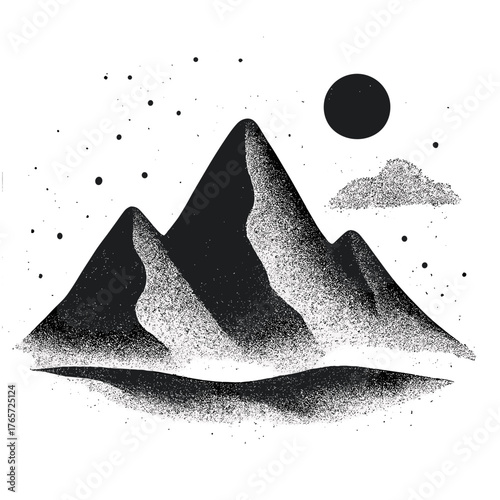 Abstract black and white mountain landscape with grainy texture and celestial elements