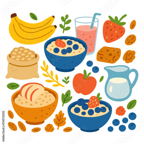 Healthy breakfast food set with oatmeal bowls, fresh fruits, nuts, and milk pitcher