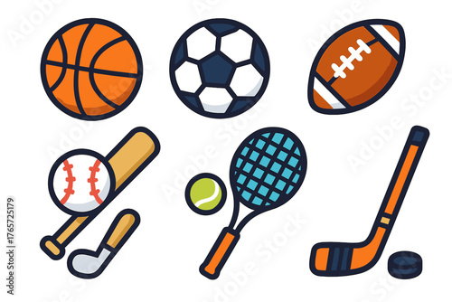 Assortment of popular athletic equipment and balls used for team sports and individual games
