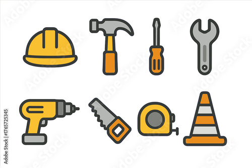 Essential construction and repair tools set with safety helmet and traffic cone icons