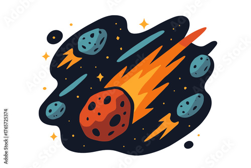 Fiery meteoroid speeding through dark space surrounded by asteroids and sparkling cosmic elements