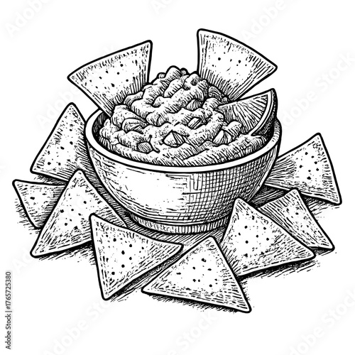 Fresh guacamole dip served in a bowl surrounded by crunchy tortilla chips and a lime wedge