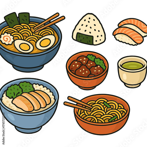 Asian food collection featuring ramen, nigiri sushi, onigiri, chicken rice, and hot noodles