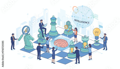 Business strategy and management success planning concept, people interacting with chess pieces on a board, symbolizing strategic thinking, intelligence, and problem-solving with a brain graphic and