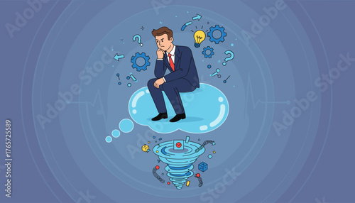 Thoughtful businessman in a suit sitting on a cloud, contemplating a swirling vortex of problems below, surrounded by gears, question marks, and a bright idea lightbulb, symbolizing critical thinking