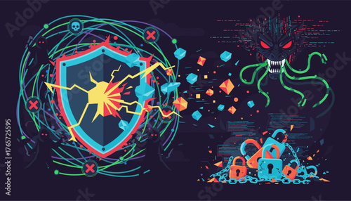 Vivid illustration of a cyberattack concept, featuring a menacing digital monster with tentacles attacking a cracked shield, surrounded by abstract shapes and code, symbolizing data breach and system