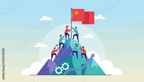 Illustrative flat design of a diverse team of people collaborating to plant a red flag with a yellow star on a mountain peak, symbolizing success, achievement, and teamwork, with gears and an upward
