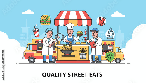 Vibrant vector illustration depicting a food quality control process at a bustling street food truck, with chefs in lab coats inspecting burgers, noodles, and fries, emphasizing hygiene and