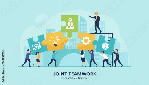 Vector illustration of joint teamwork in a company, symbolizing innovation and growth through collaboration, with people assembling puzzle pieces representing ideas, finance, and business development