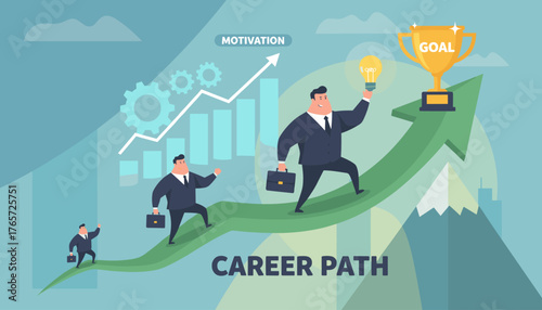 Vibrant vector illustration depicting a successful career path with businessmen ascending a green arrow towards a golden trophy representing the ultimate goal, symbolizing motivation, growth, and