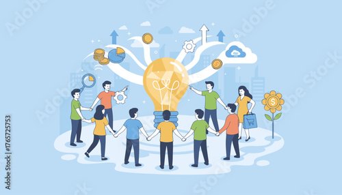 Diverse group of people collaborating around a giant glowing light bulb, symbolizing innovation, teamwork, and business growth, with financial icons, charts, and city skyline in the background