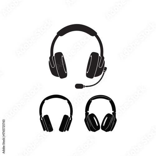 Illustration of three different headphone styles for music listening and gaming