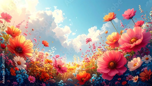 Fototapeta Naklejka Na Ścianę i Meble -  Sunny sky backdrop with vibrantly colored flowers in bloom, rendered in a painterly, idyllic style