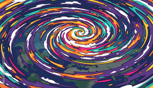 Vibrant, abstract representation of a massive storm system swirling over planet Earth from an aerial perspective, showcasing a colorful vortex of energy and atmospheric phenomena against a dark blue