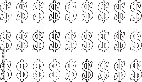 Large Set of Dollar Sign Outline Icons - Various Currency Symbols Vector