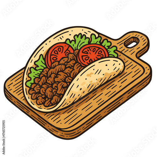 Taco with seasoned ground meat, fresh lettuce, and tomato slices on a wooden board