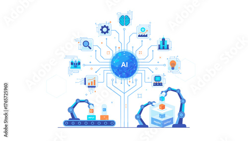 Futuristic AI technology concept with a central glowing sphere labeled AI, connected by circuits to icons representing data analysis, robotics, brains, gears, buildings, lightbulbs, and processors