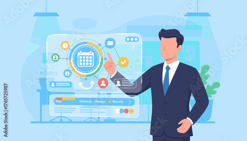 Modern businessman interacting with a futuristic digital interface displaying a calendar, schedule, and various business icons, representing planning, management, and reporting in a contemporary