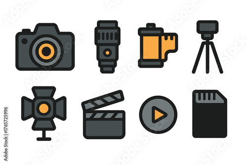 Essential photography and filmmaking equipment including camera, lens, film roll, tripod, light, and clapperboard