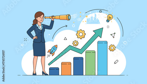 Business growth success leadership concept with a determined businesswoman looking through a telescope towards a city skyline, symbolizing future vision and opportunity, with a rising graph, rocket