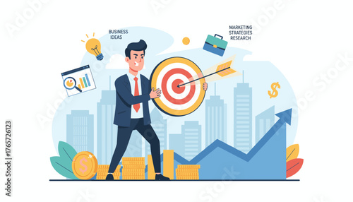 Vibrant illustration of a determined businessman hitting the bullseye on a target with an arrow, symbolizing business goals and success, surrounded by elements like coins, a growth chart, a