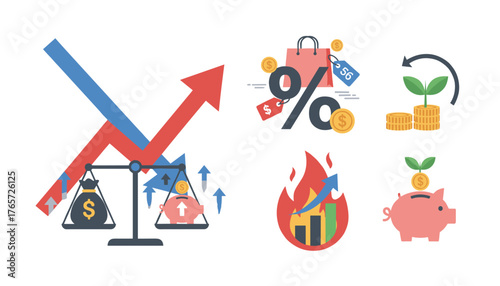 Vibrant flat design icons illustrating business growth and financial concepts, including rising graphs, percentage symbols with shopping bags and price tags, scales balancing money bags and piggy