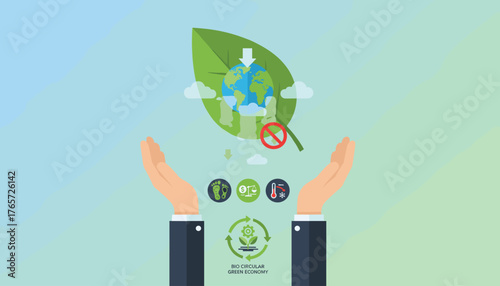 Businessman hands cradle the Earth on a large green leaf, symbolizing carbon reduction and a bio-circular green economy, with icons representing footprint, balance, and temperature, promoting