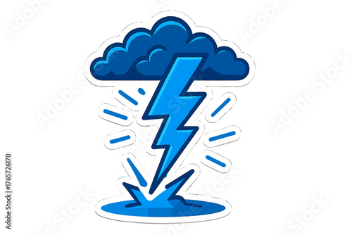 Dark blue storm cloud producing bright lightning bolt striking water surface