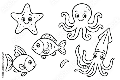 Outline drawing of cute cartoon sea animals including starfish octopus squid and fish