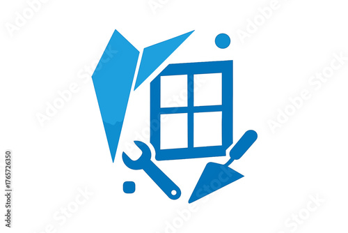 Geometric icon of a window and construction tools symbolizing home repair
