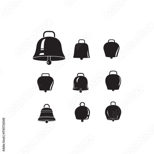 Illustration of collection of cowbells, a set of different shapes and sizes, vector