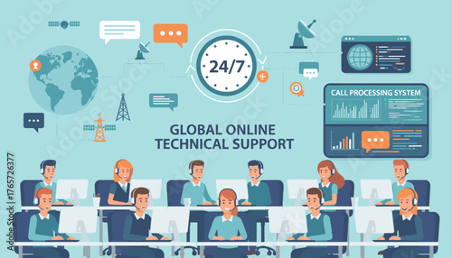 Global Online Technical Support 24/7: A vibrant illustration depicting a team of diverse customer service operators working in a modern call center, connected globally via satellite and communication