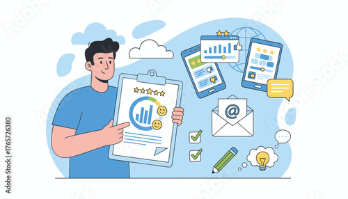 Positive customer survey feedback with star ratings and happy emoticons on a clipboard, illustrating service improvement and online satisfaction, alongside digital devices and communication icons